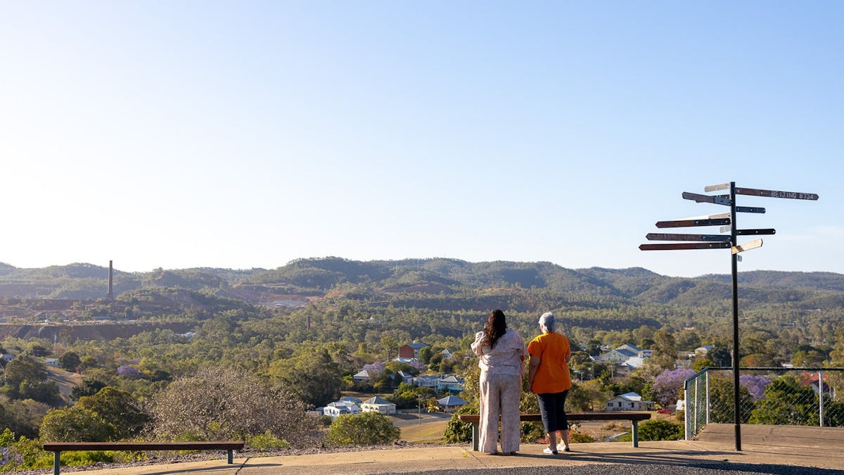 Two mature aged women at a lookout in Mount Morgan Two mature aged women at a lookout in Mount Morgan