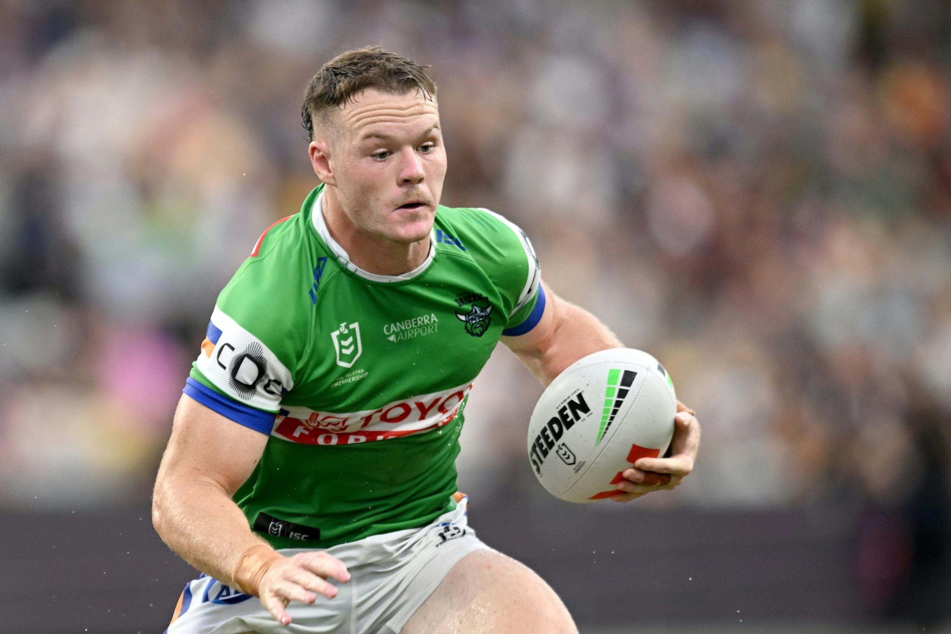 Canberra Raiders player Ethan Strange running the ball.