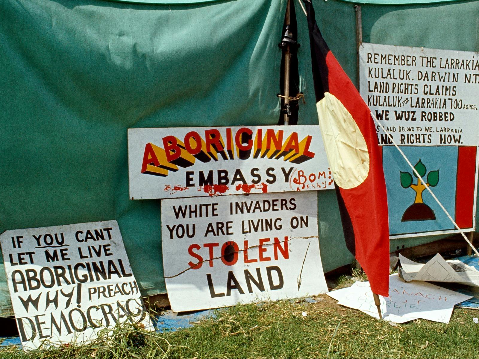 Tent embassy outside then Parliament House, Canberra, 1974