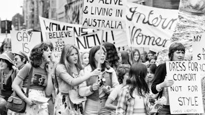 Black and white photograph of a women's rights protest