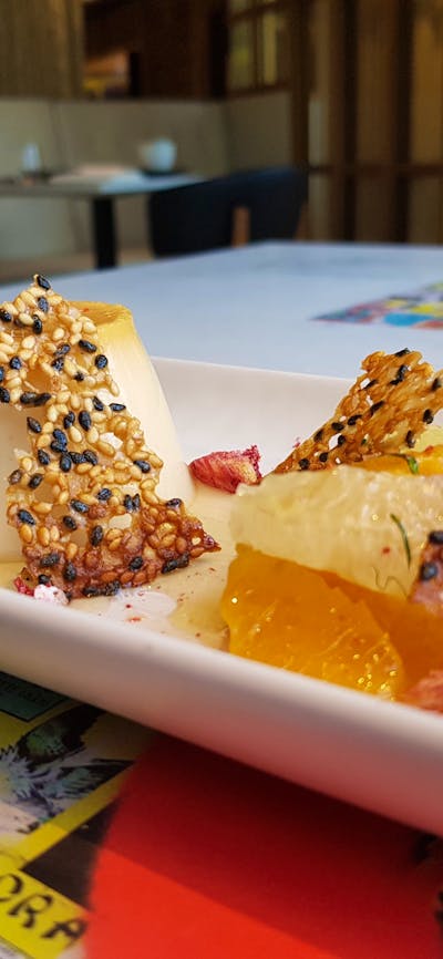 yuzu tofu cream caramel with citrus and mint