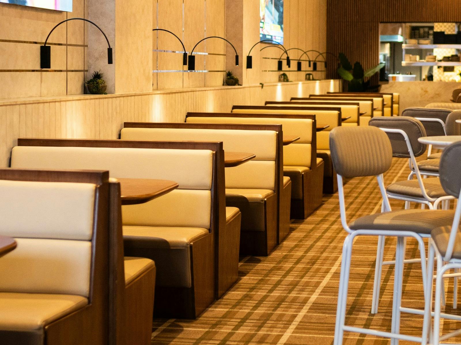 booth tables and chairs in a bistro dining area