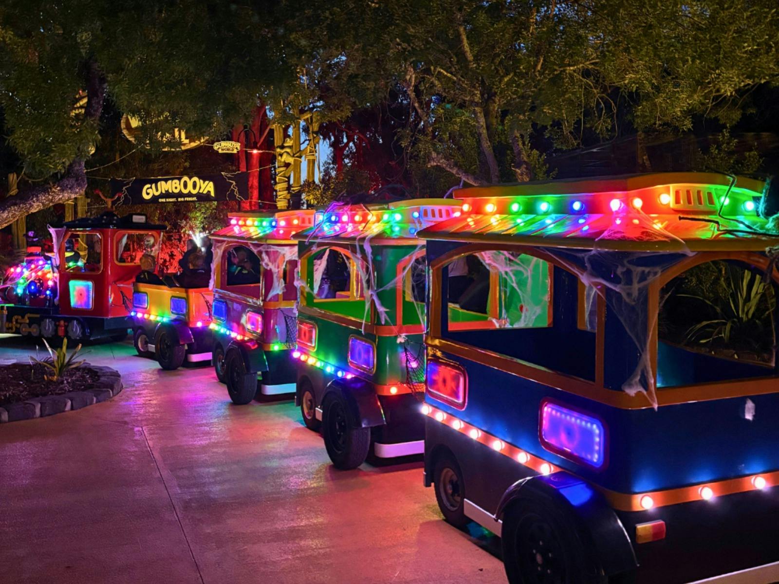 Gumbuya World train lit up with lights and decorated with cobwebs driving into the Haunted Trail
