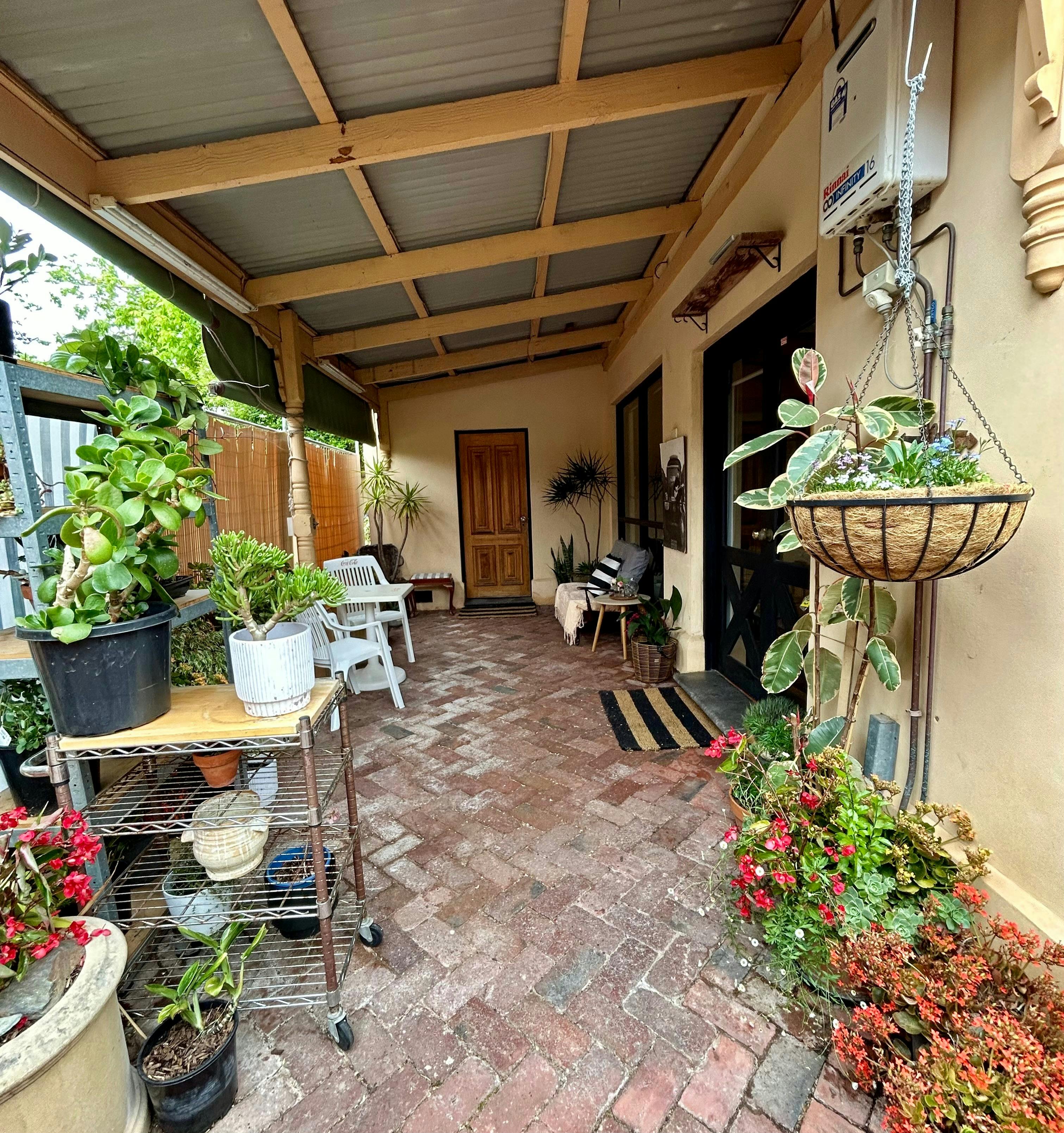 Outdoor area and entry to bathroom
