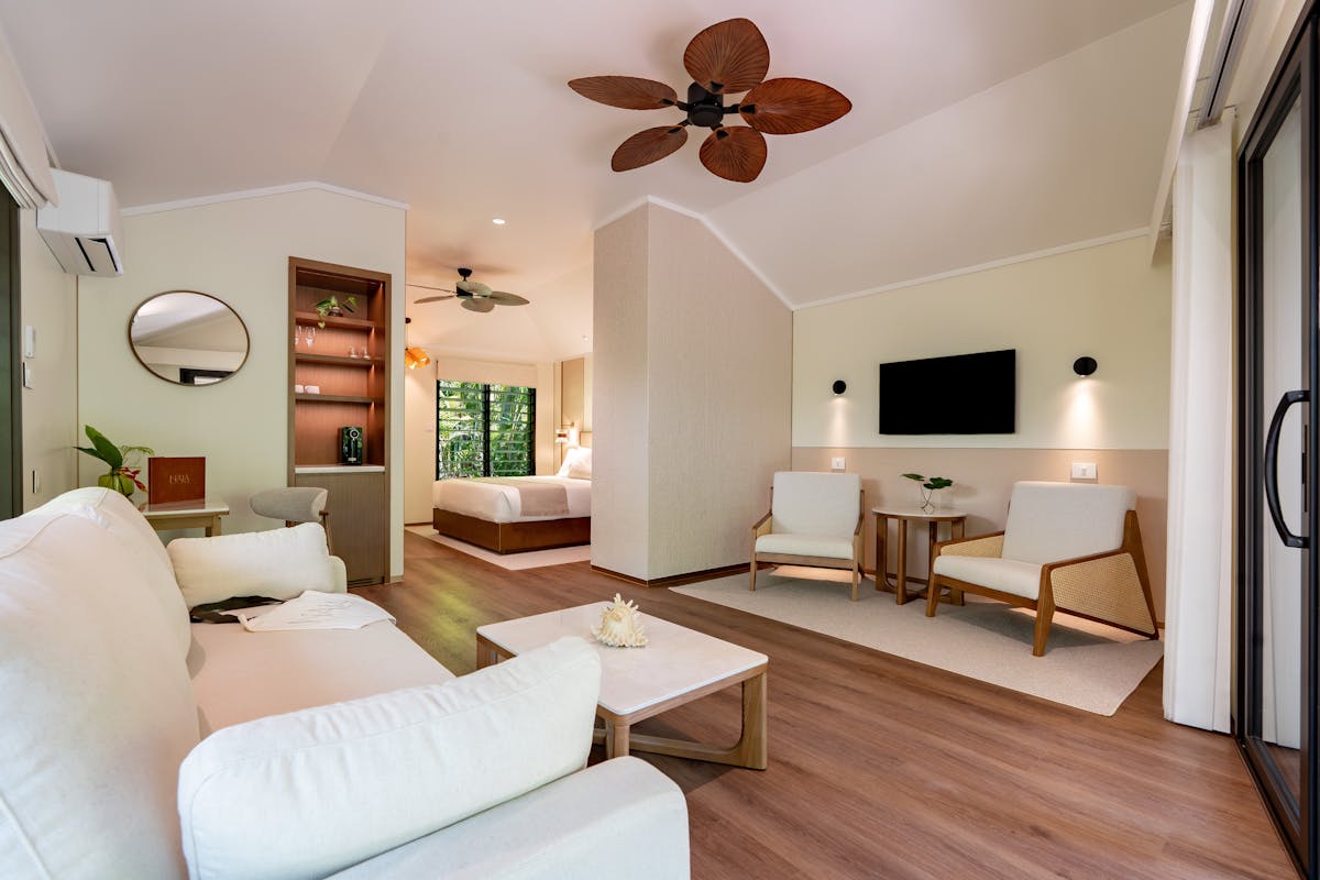 Nala Resort's luxurious & spacious King Villa. Complete with King Bed, Lounge & Reading chairs