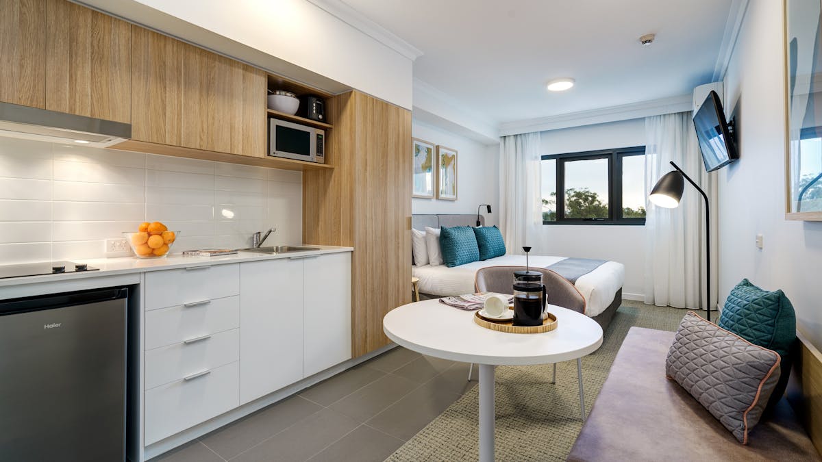 Great for a short stay. Featuring kitchenette, bathroom and king bed.