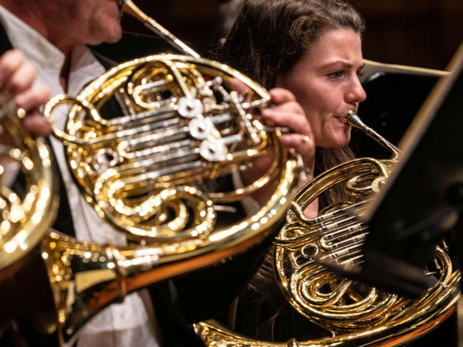 Photograph of three french horn players.