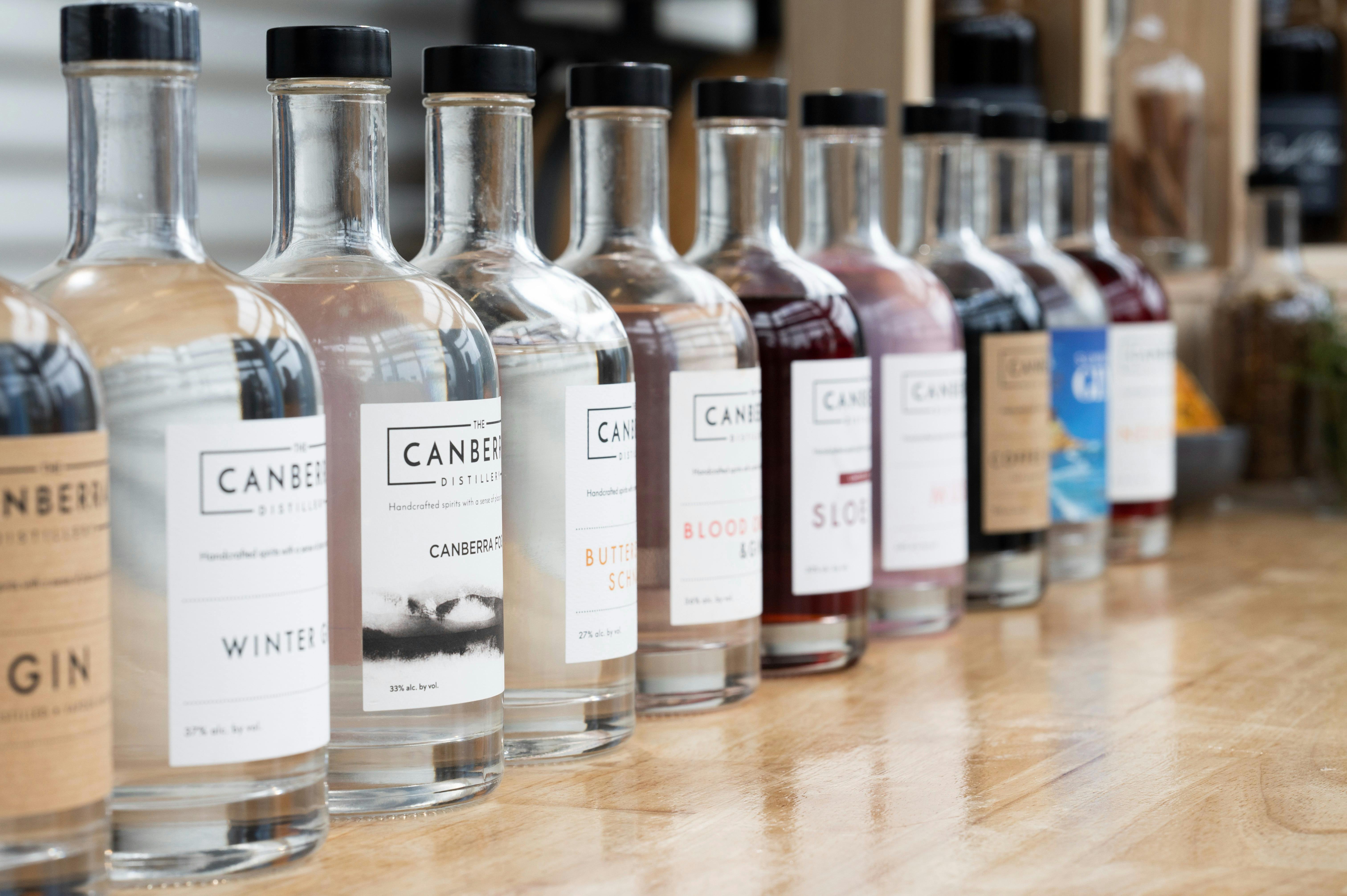 The Caberra Distillery Products all in a line