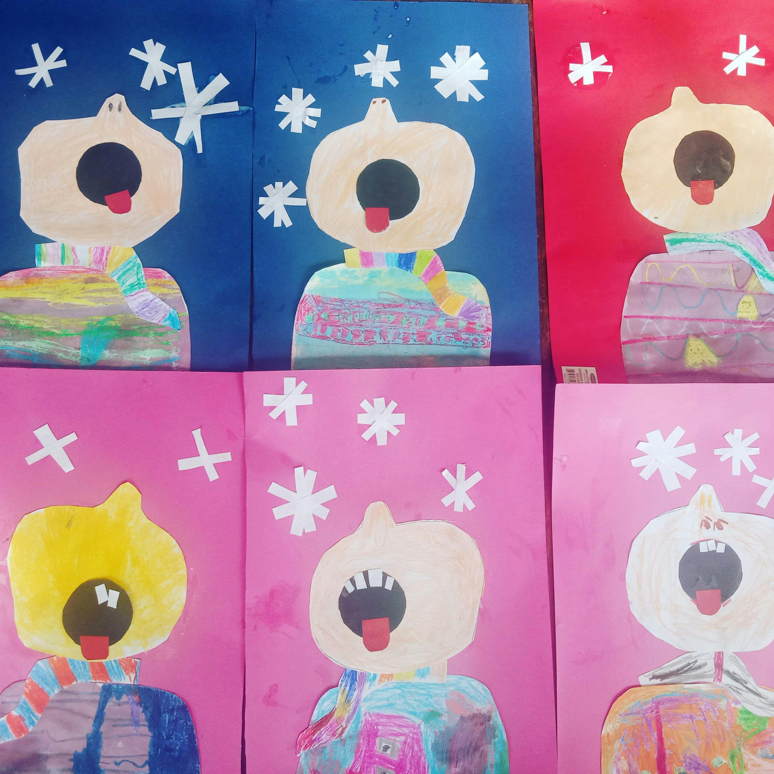 Collage with person tasting snowflakes