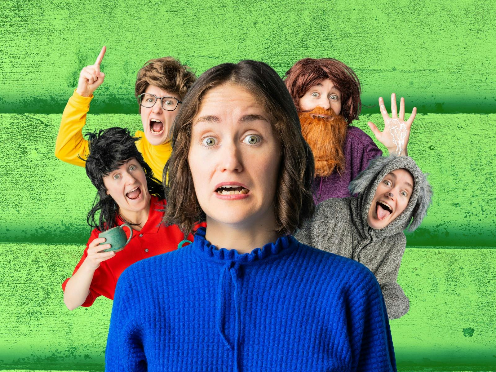 Distressed woman is surrounded by characters (all played by herself)