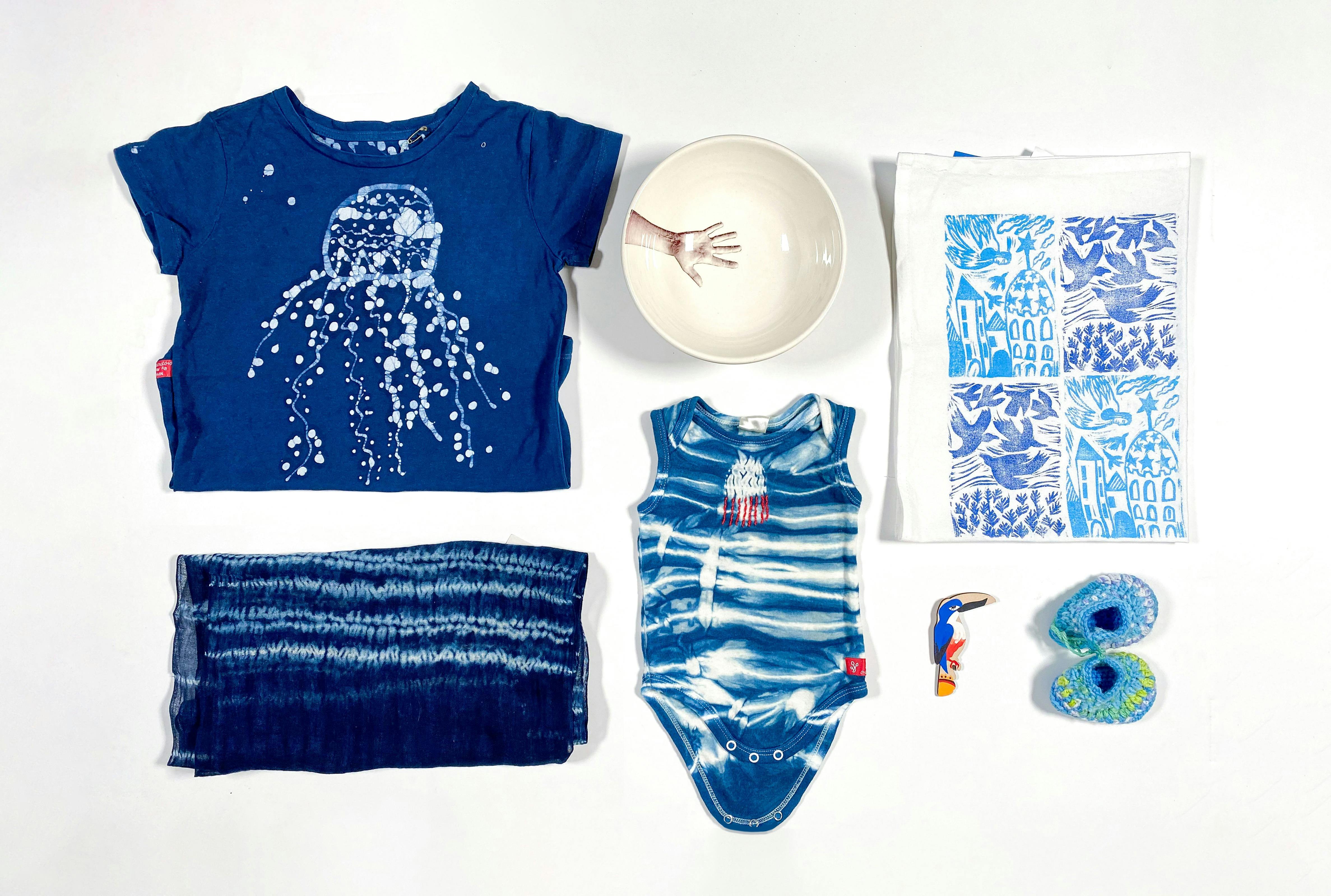 Photograph of blue shop products, textiles and ceramics.