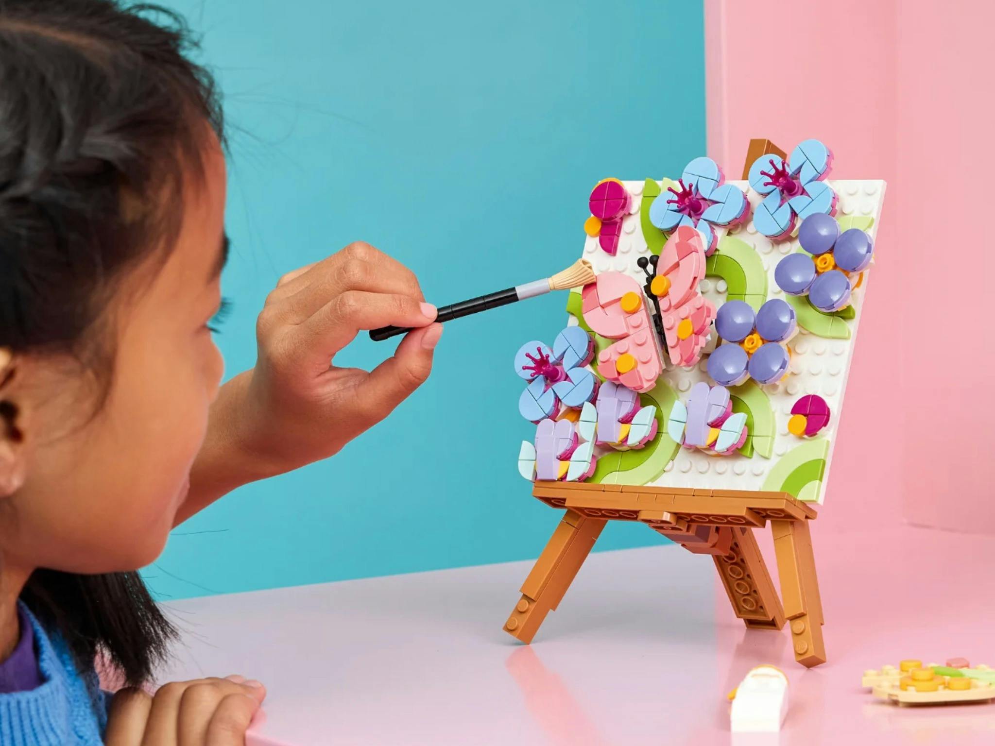 a floral artwork made from Lego