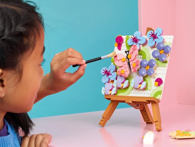 a floral artwork made from Lego