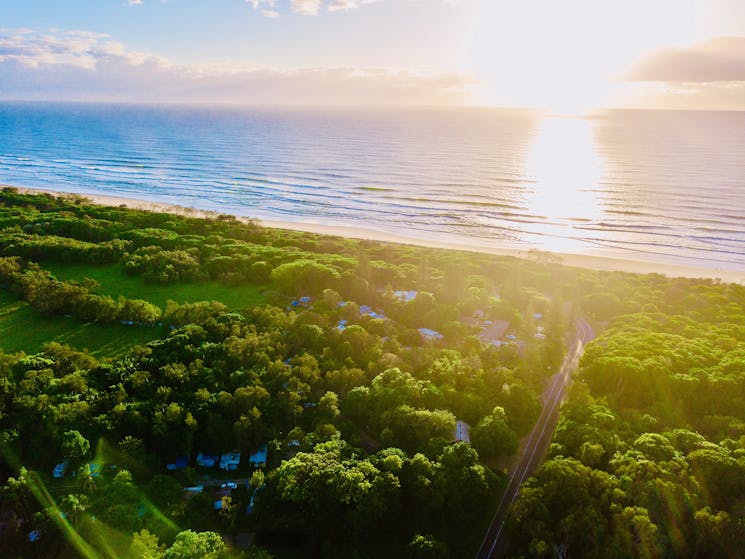 ocean view of the park with caravan camping area view from a drone showing the distance to the beach