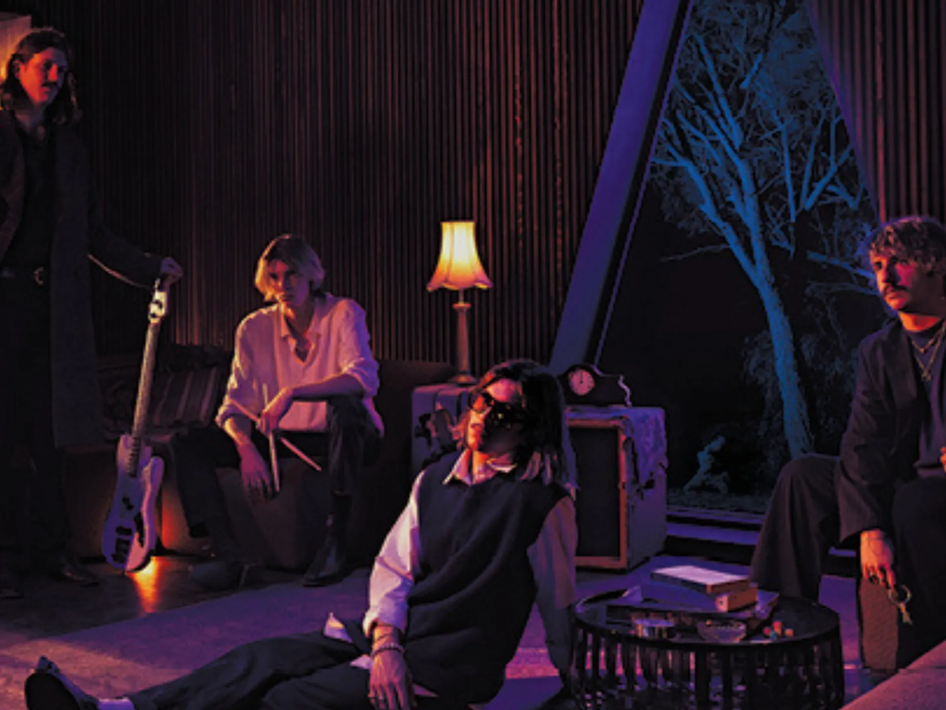 Stylised artwork of the four DICE band members in a dimly lit room.