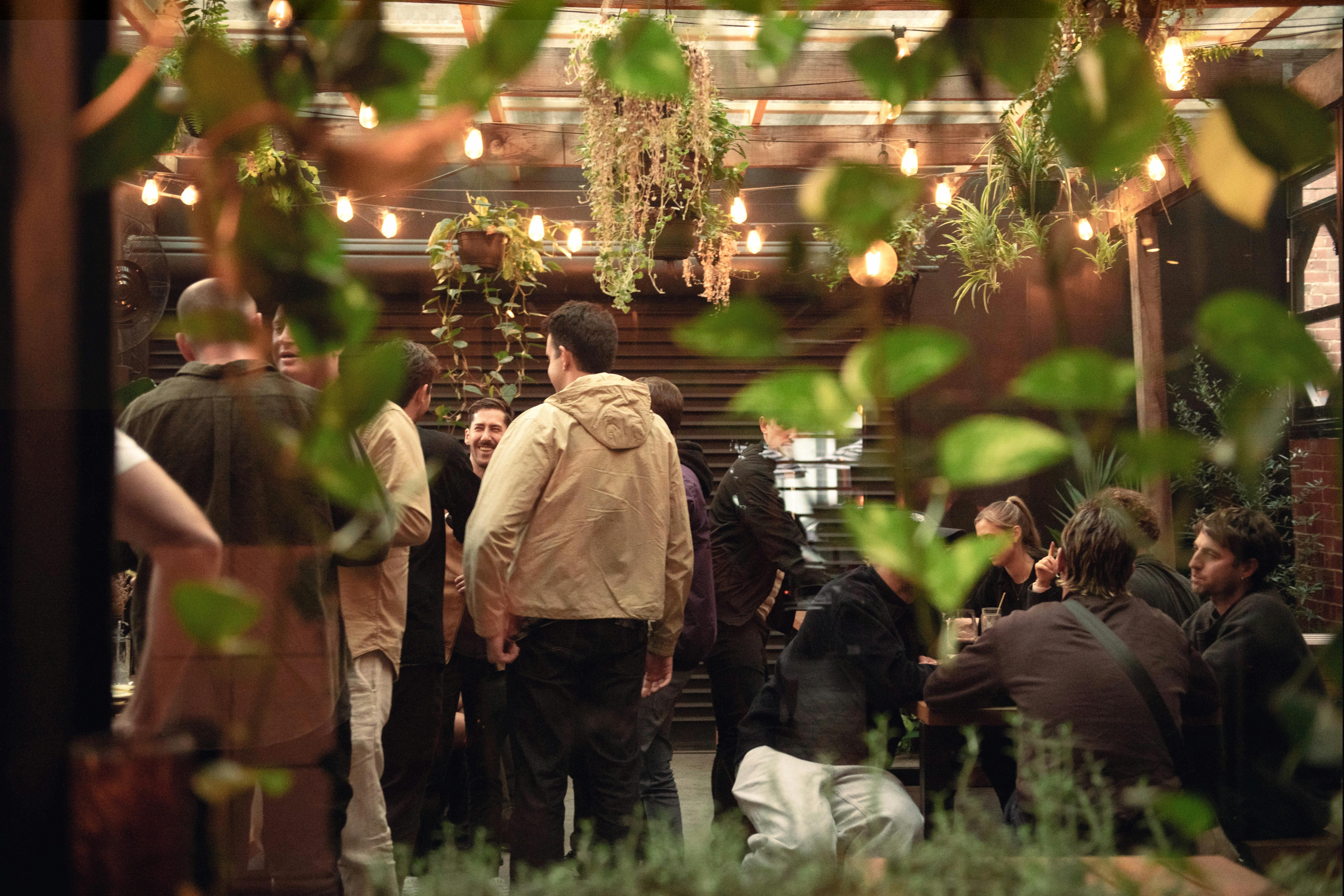 A group of people in the beer garden.