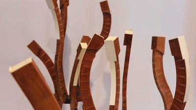 close up of sculpture made from reassembled piano keys