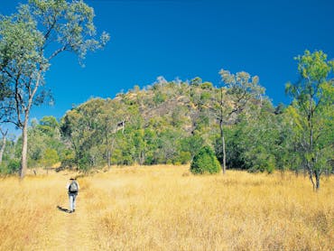 Man walking towards Mount Scoria in background. Man walking towards Mount Scoria in background.