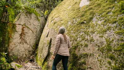 Woman hiking beside huge moss covered granite boulder