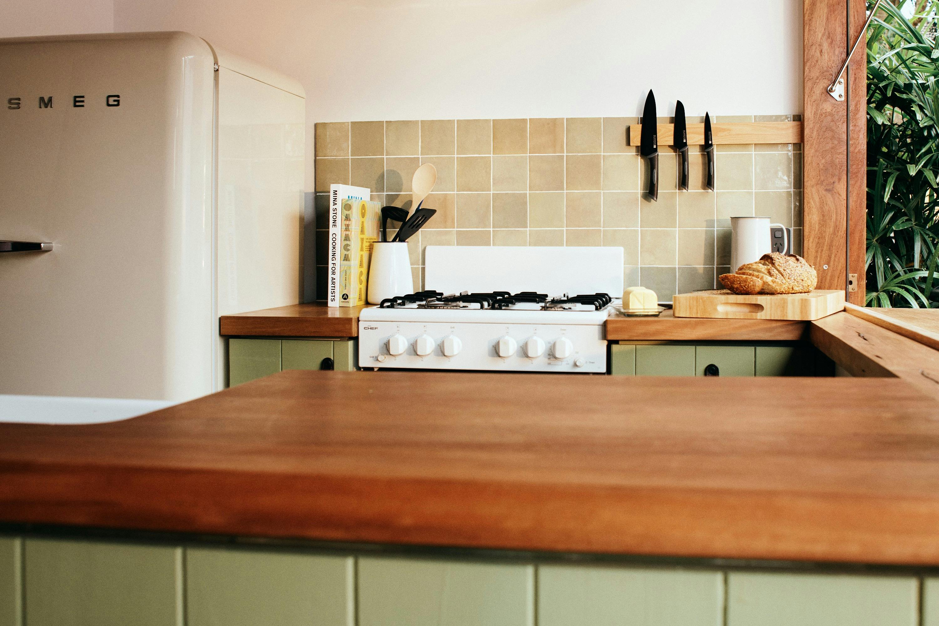 Bungalow kitchen at The Sunseeker, Byron Bay; Smeg fridge
