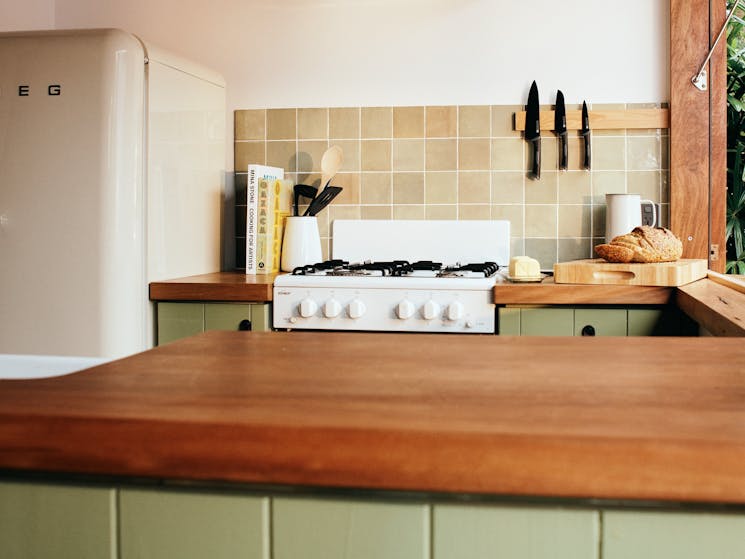 Bungalow kitchen at The Sunseeker, Byron Bay; Smeg fridge