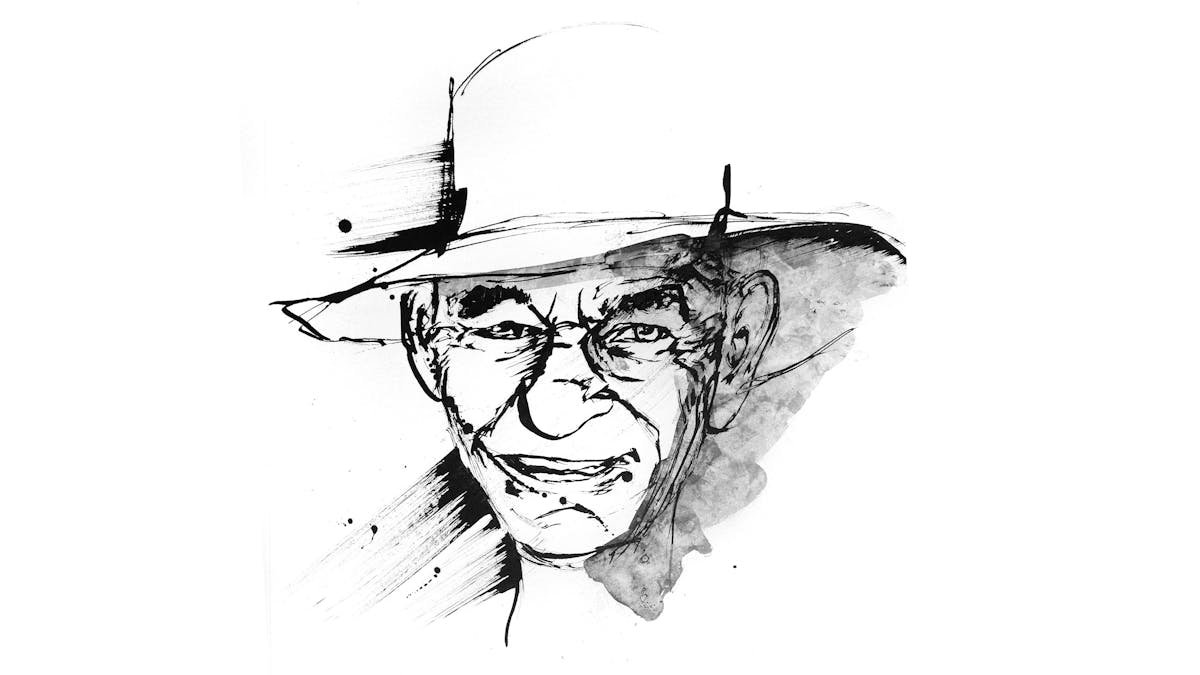 Black and white illustration of a man in a hat