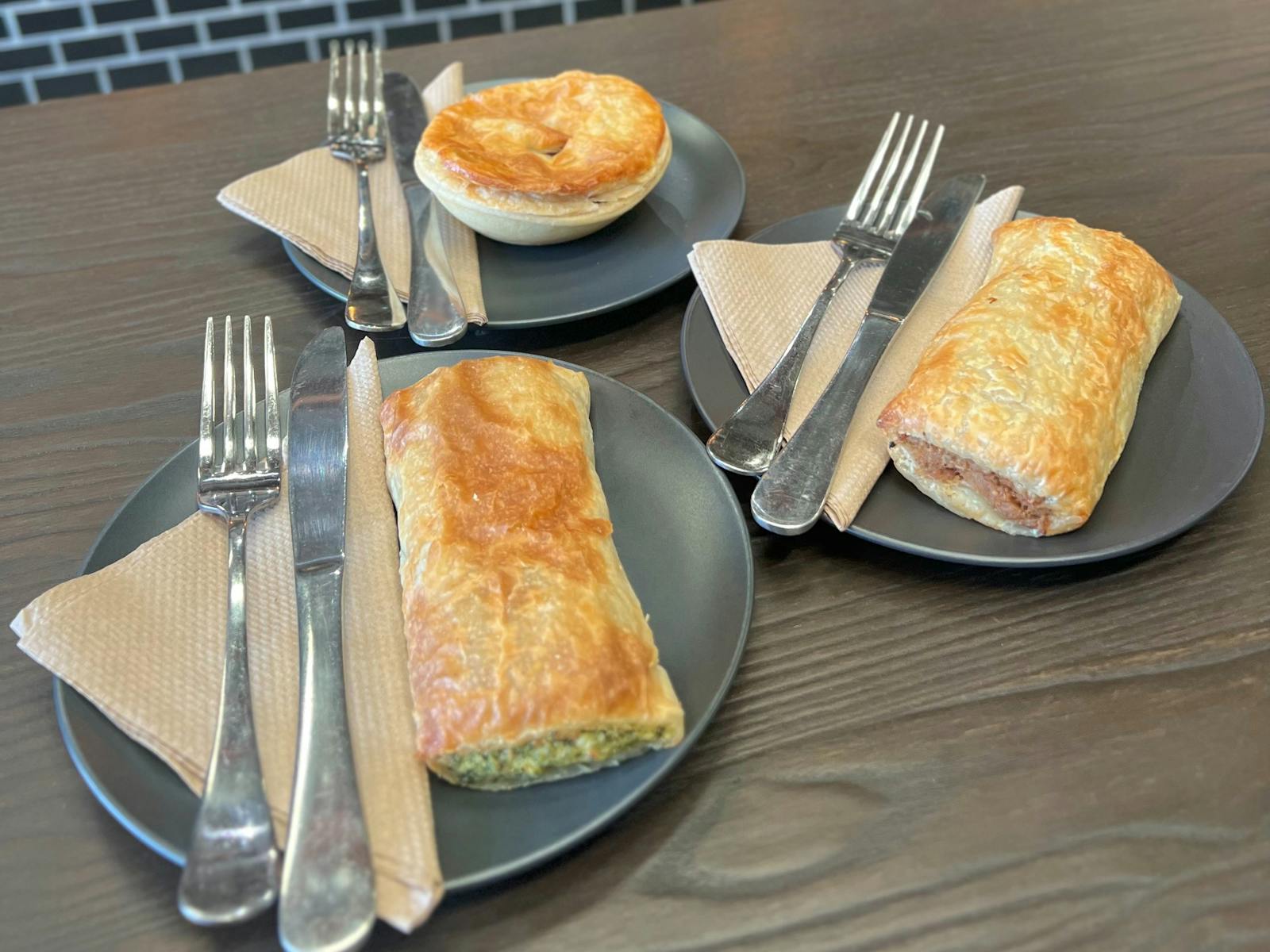 Chunky Steak Pie, Spinach & Feta, Sausage Roll