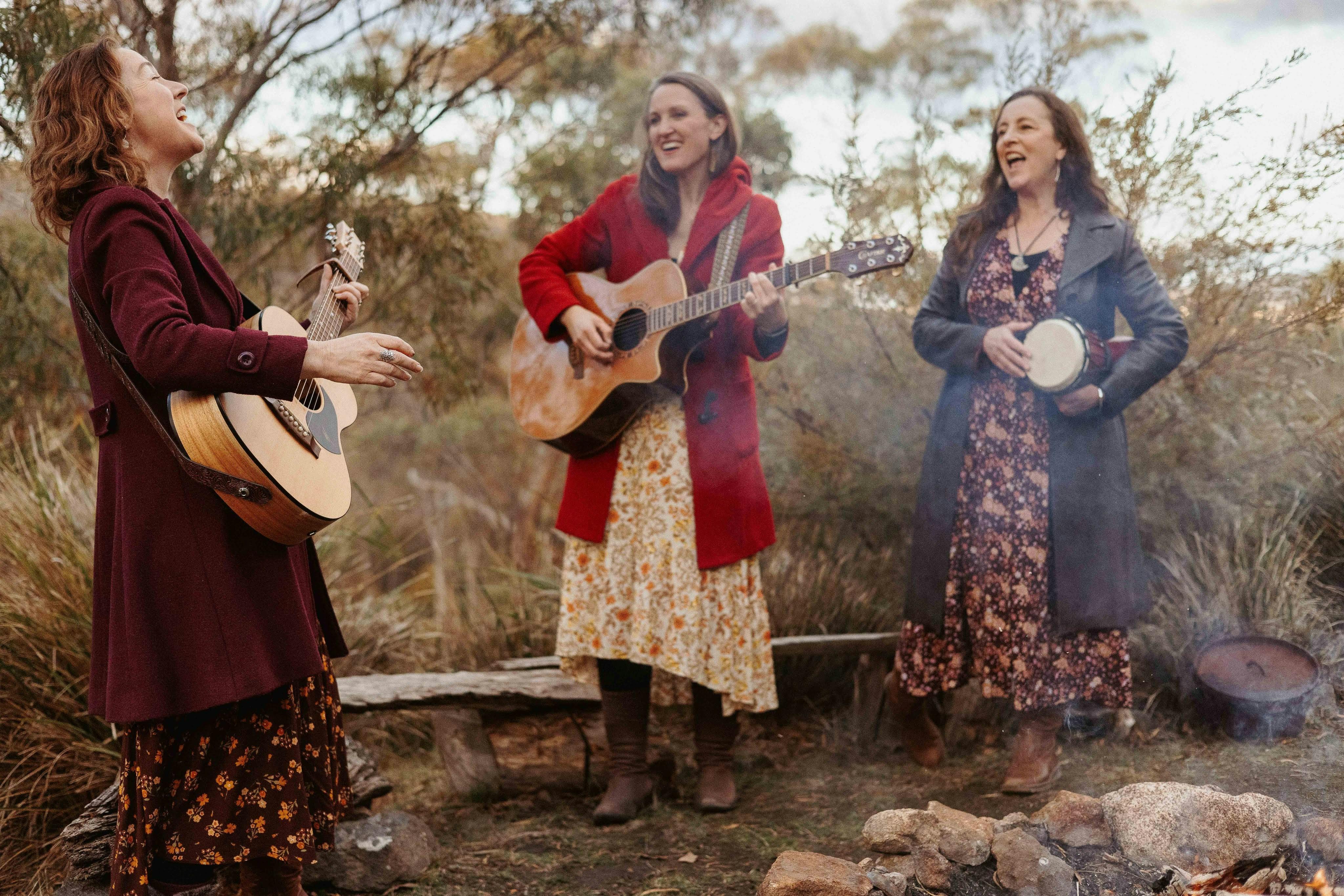 A group called the Clementines playing instruments in Australian bush