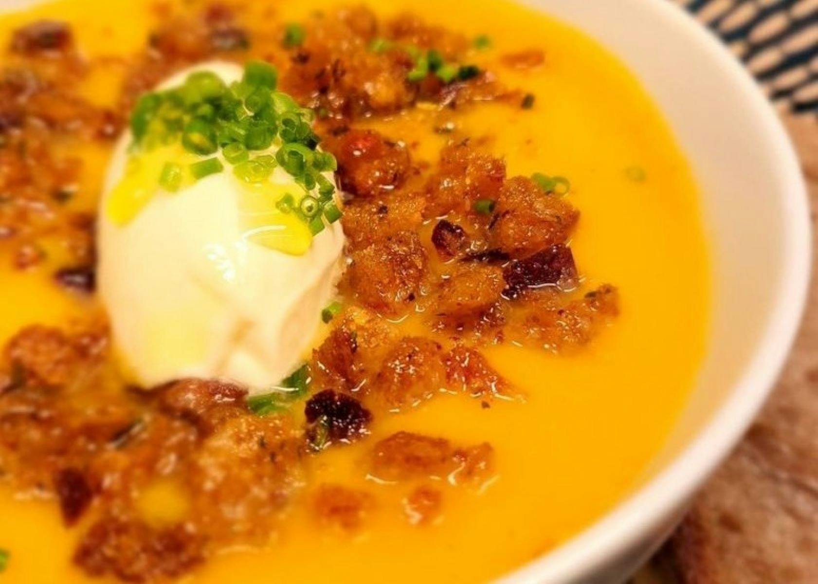 Roast Pumpkin Soup with sour cream and gremolata crumb