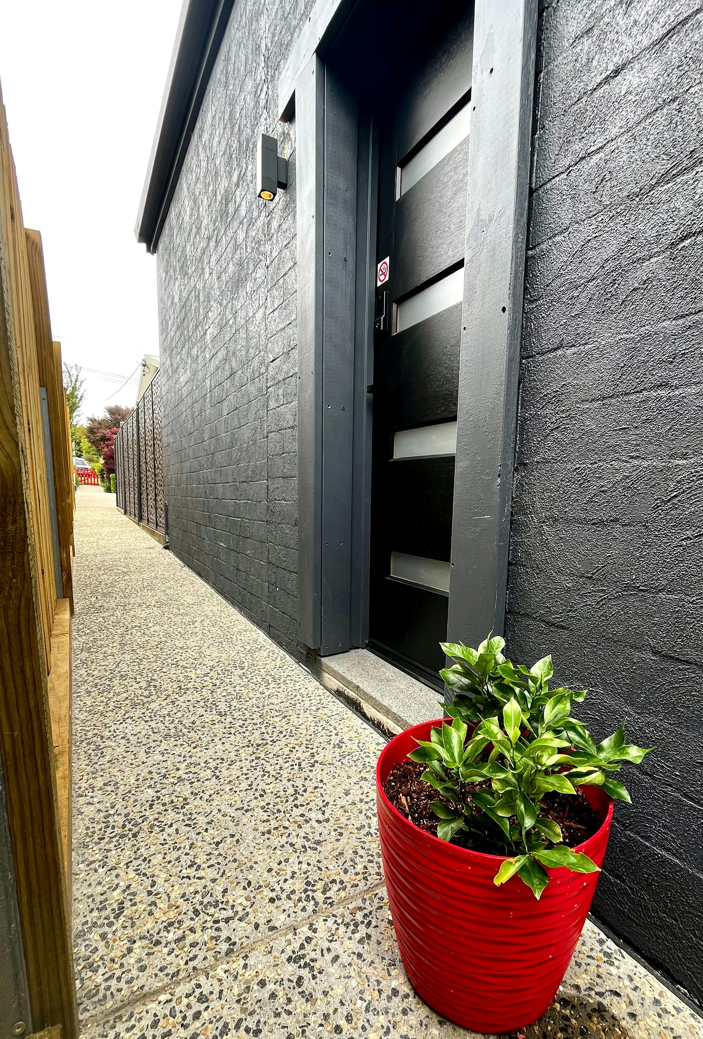 Private well-lit path with security & electronic lock access