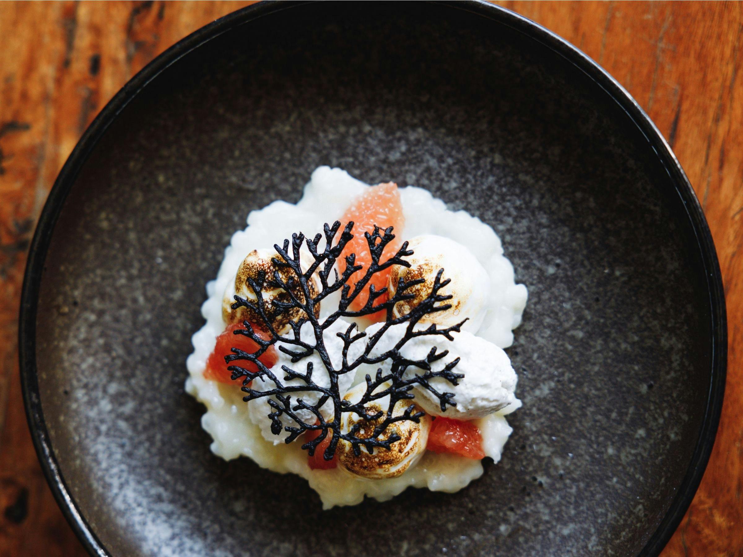 An image of a creative and beautiful dessert at Elm Dining