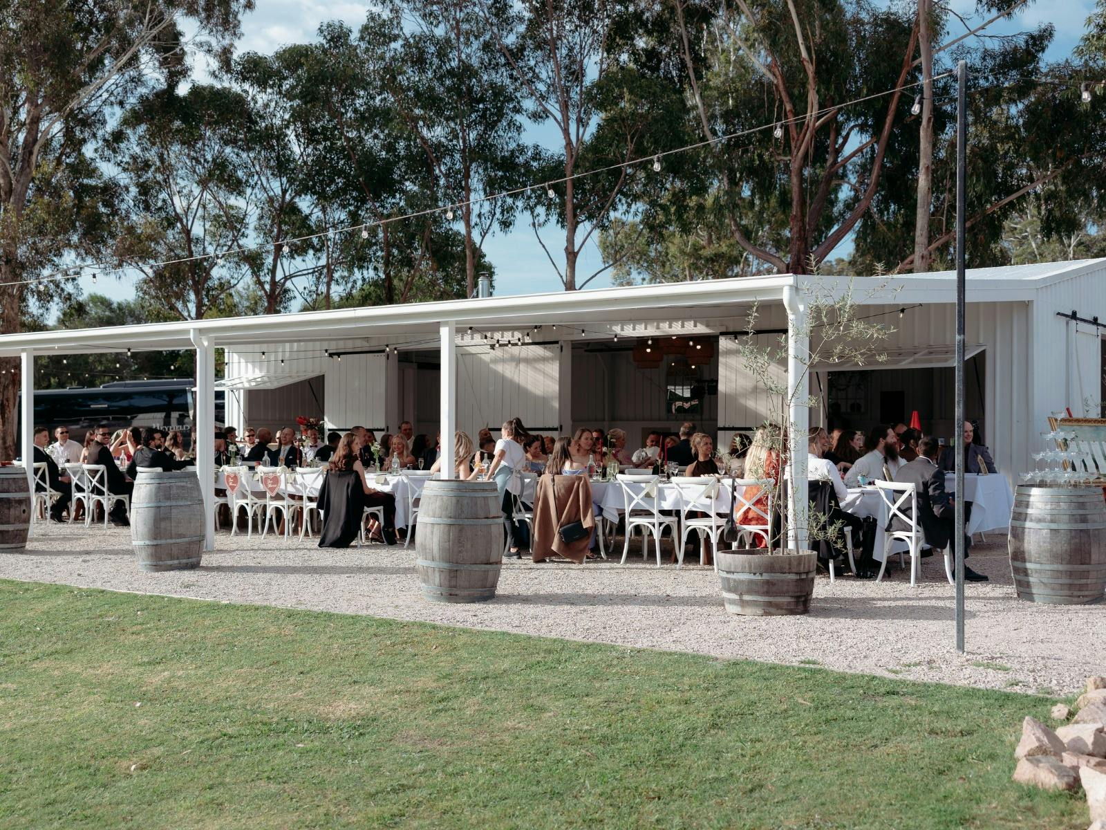 Outdoor wedding reception at Eight Acres Wedshed, guests seated, gumtrees, festoon lights, relaxed