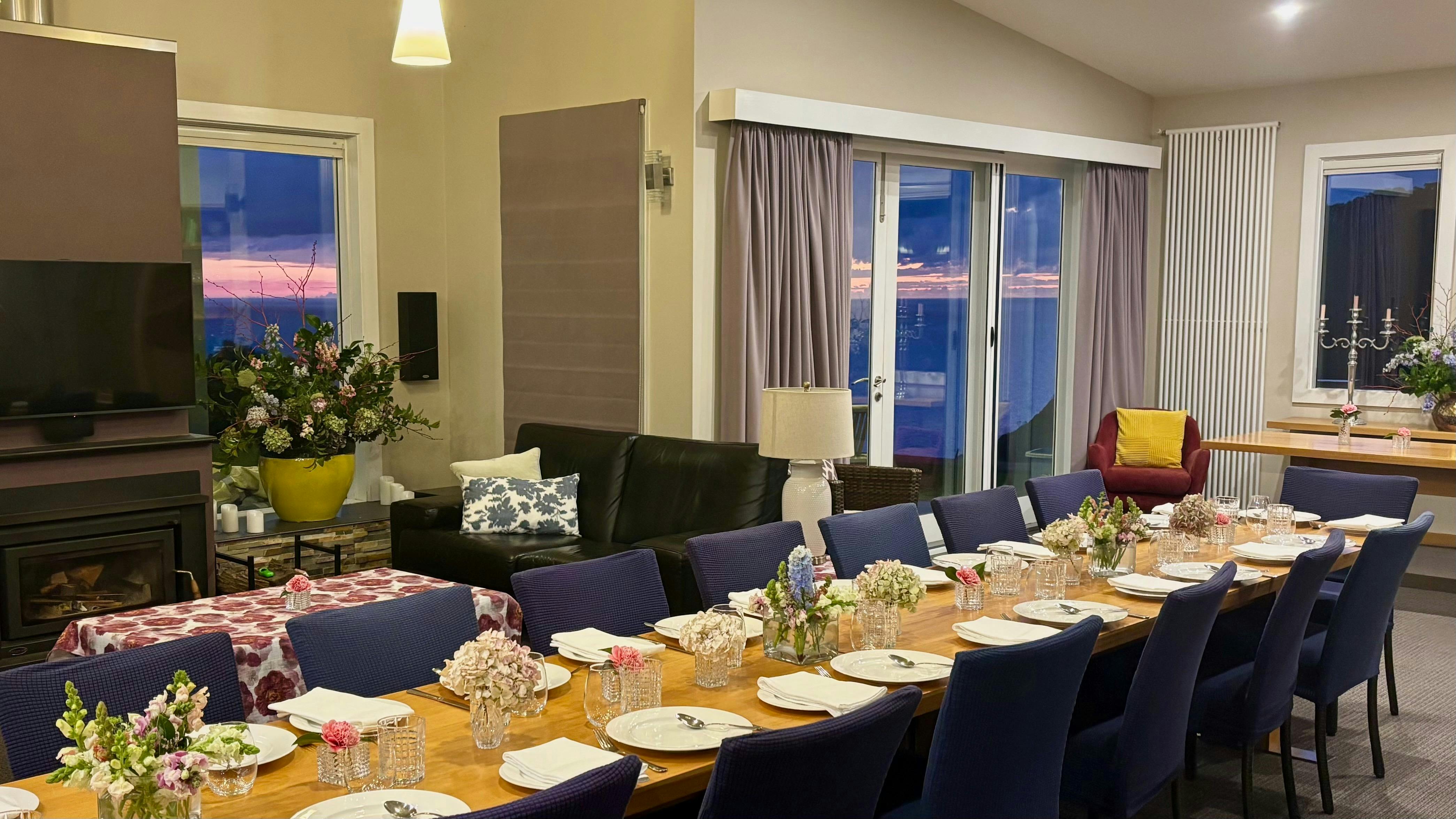 Sunrise peeping through the windows, the long table is set for an epicurian breakfast