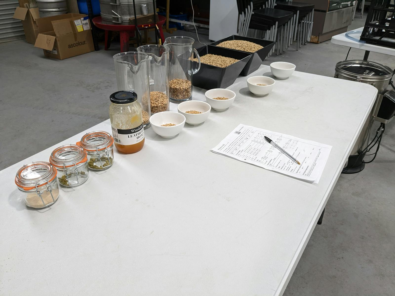 Small samples of beer brewing ingredients