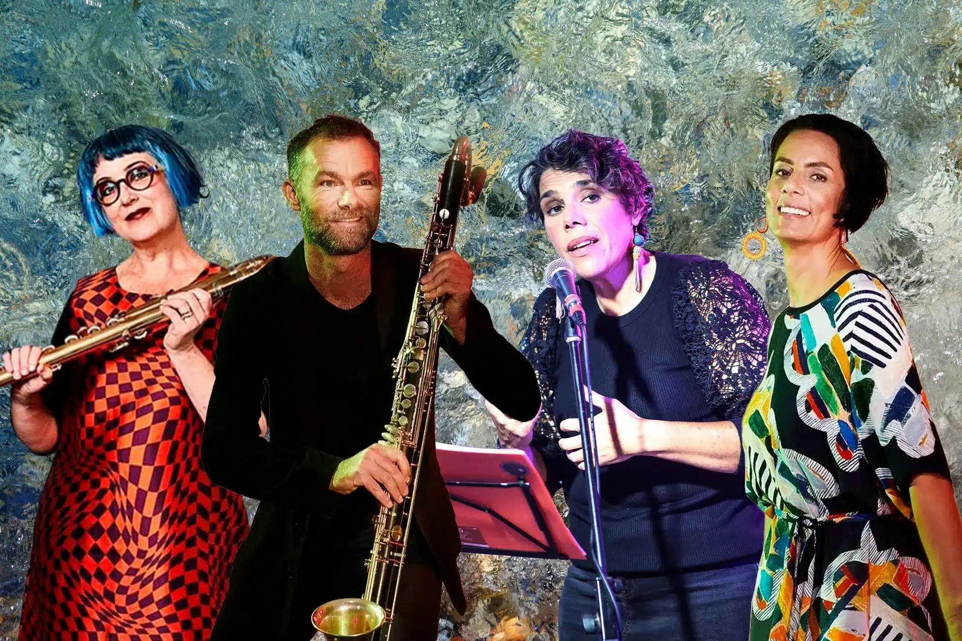 Musicians standing together with a pattern background similar to water