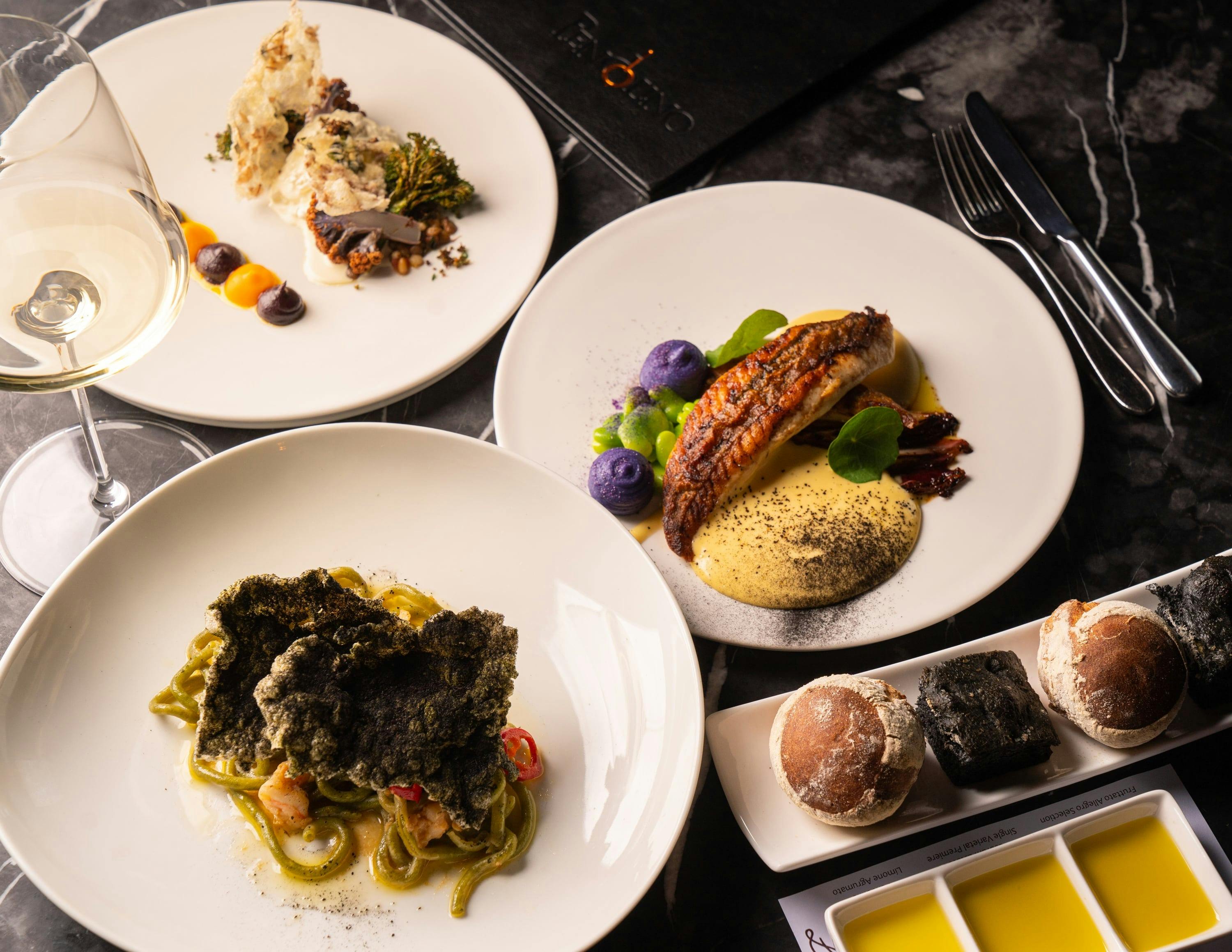 Cauliflower & Broccoli, Stracciatella; Prawn Gramigna with Wild Weed Pasta, NSW Coast John Dory