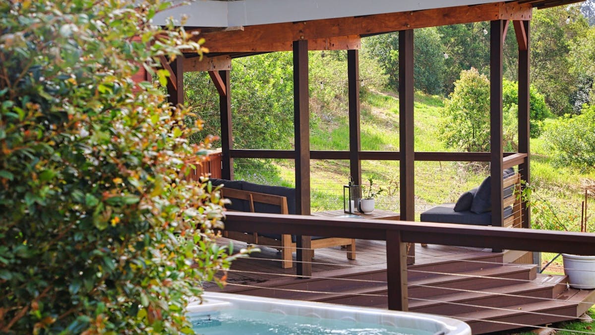 Outdoor relaxation deck and magnesium spa at The Range Holistic Spa and Wellness, Montville
