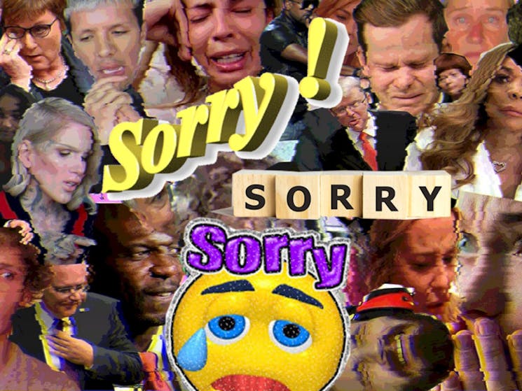 A collage of different media personalities crying and being sorry