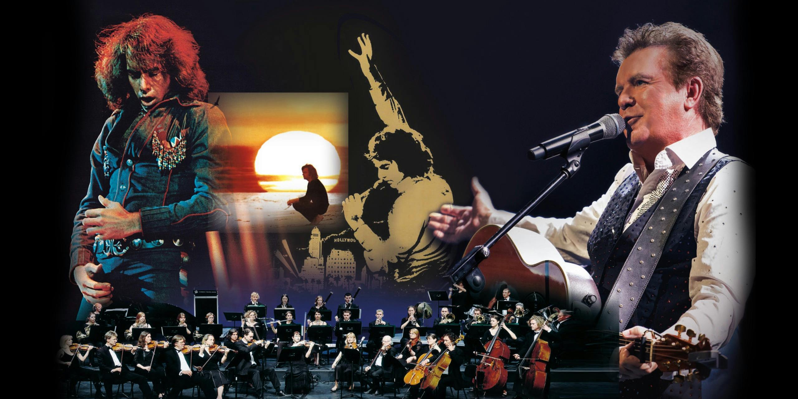 An orchestra in front of a picture collage