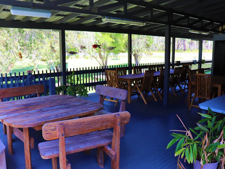 Seating out back of The Pipeclay Cafe has a beautiful view of the bushland
