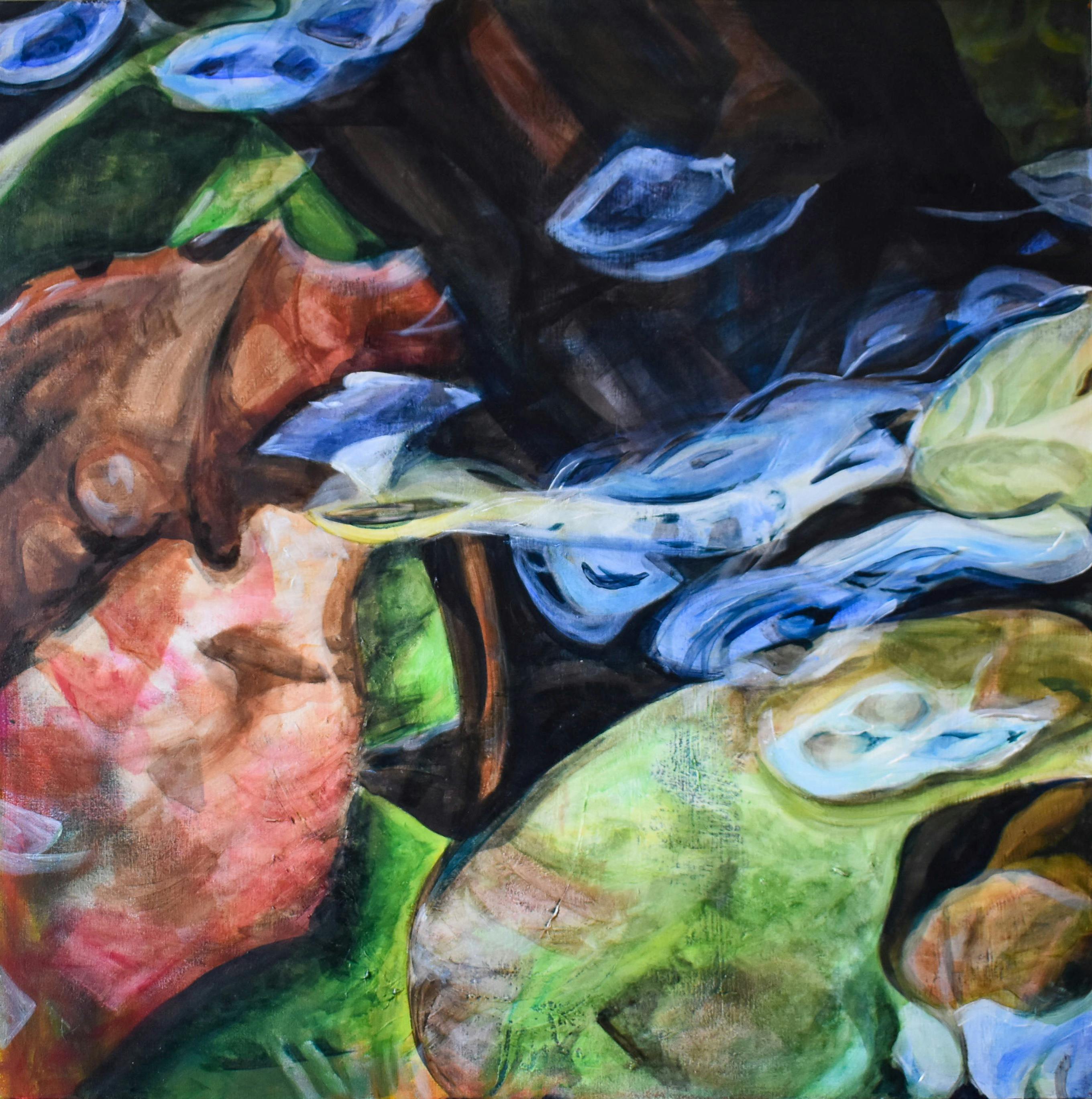 Abstract painting with green blue and black colours