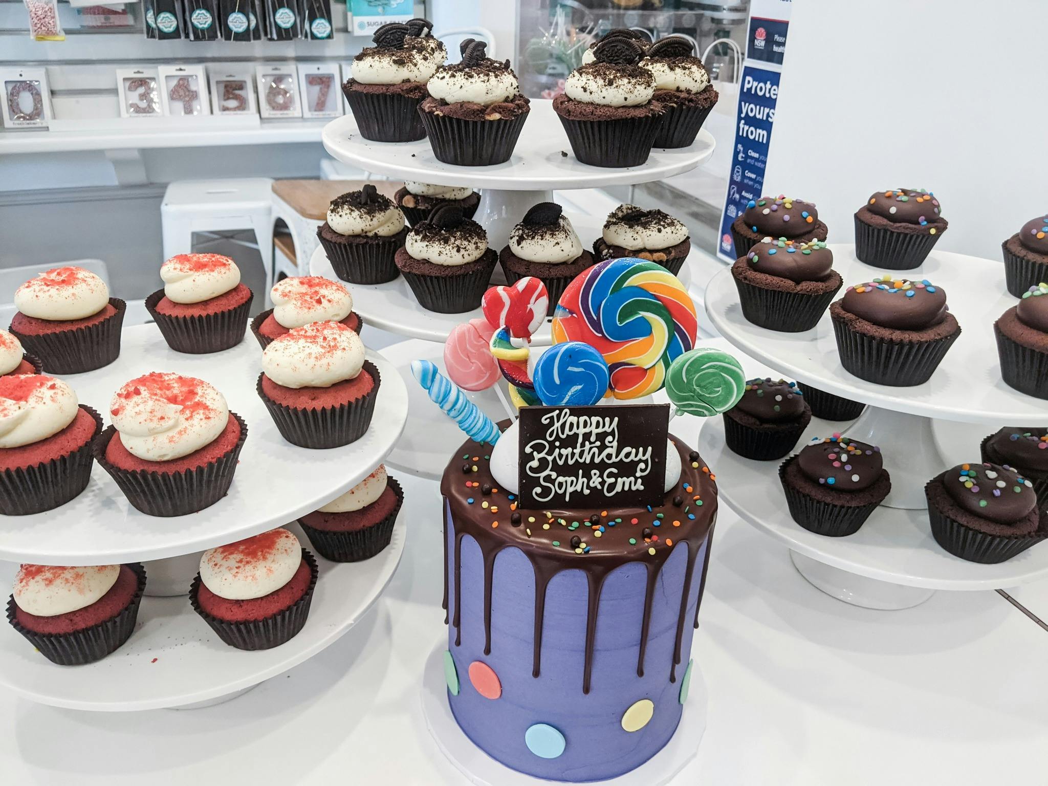 Sample various cupcakes and one birthday cake