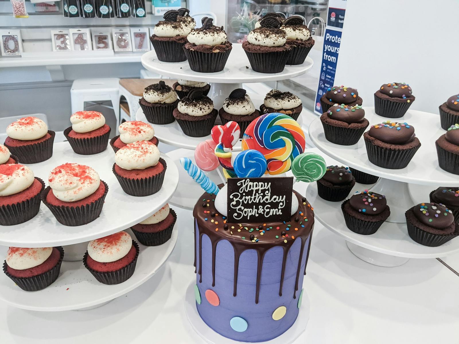 Sample various cupcakes and one birthday cake