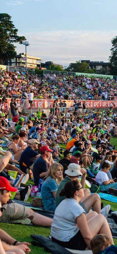 Fans watching the Big Bash on the hill at Manuka Oval