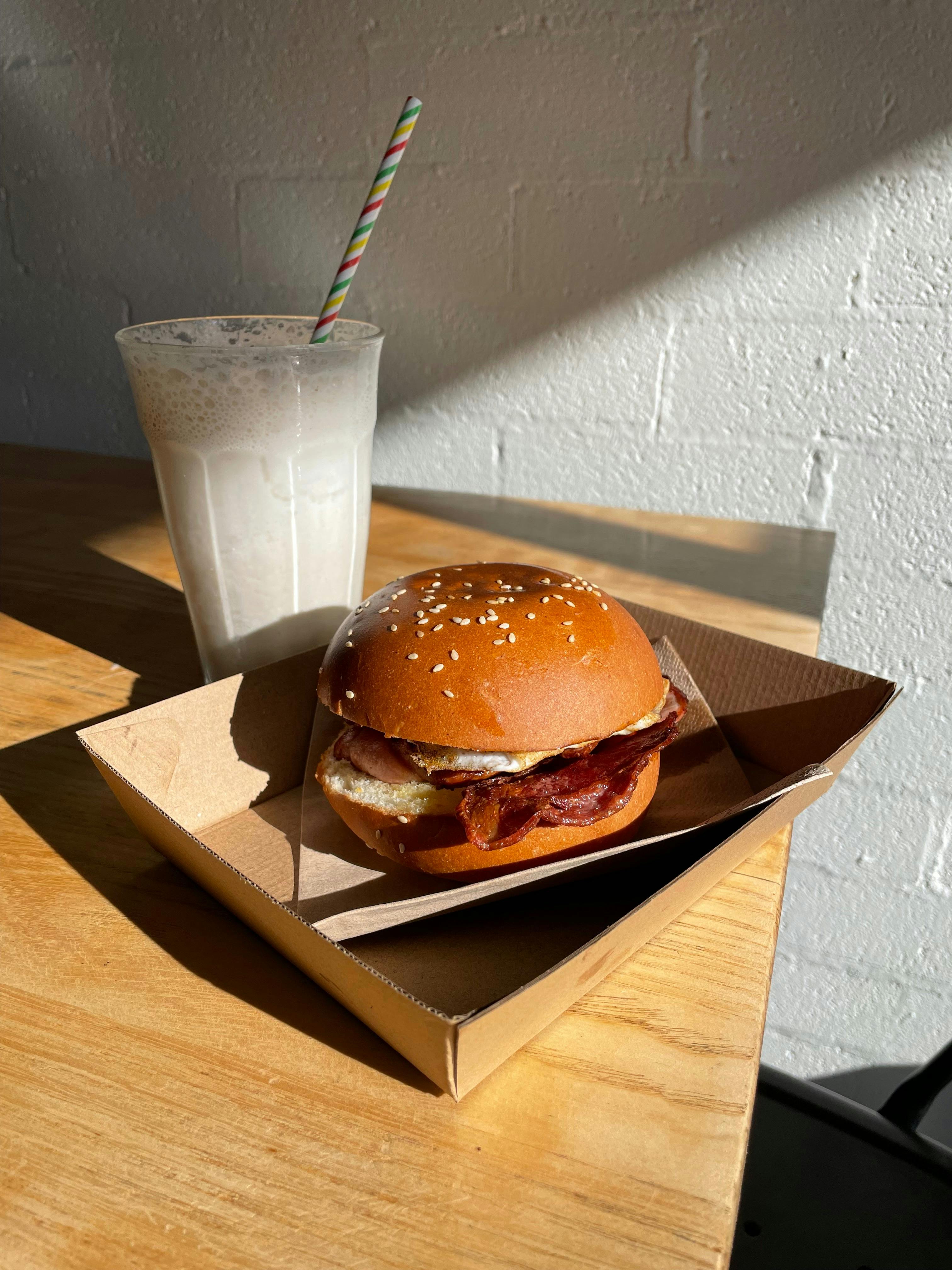 Bacon and egg roll, milkshake