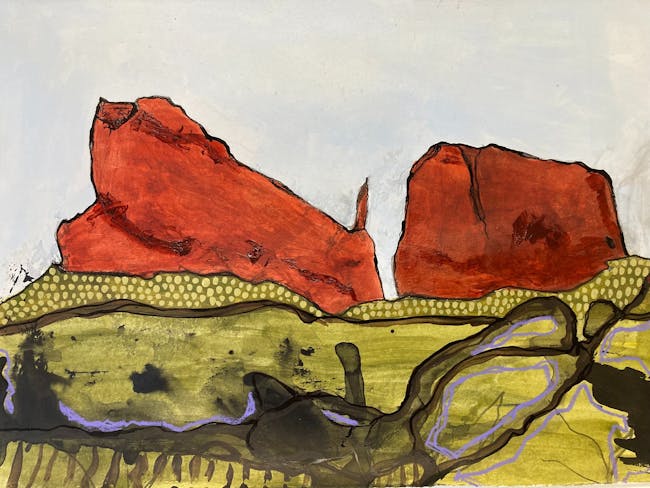 Stylised painting of red rock formations above green plains and winding purple creek lines.