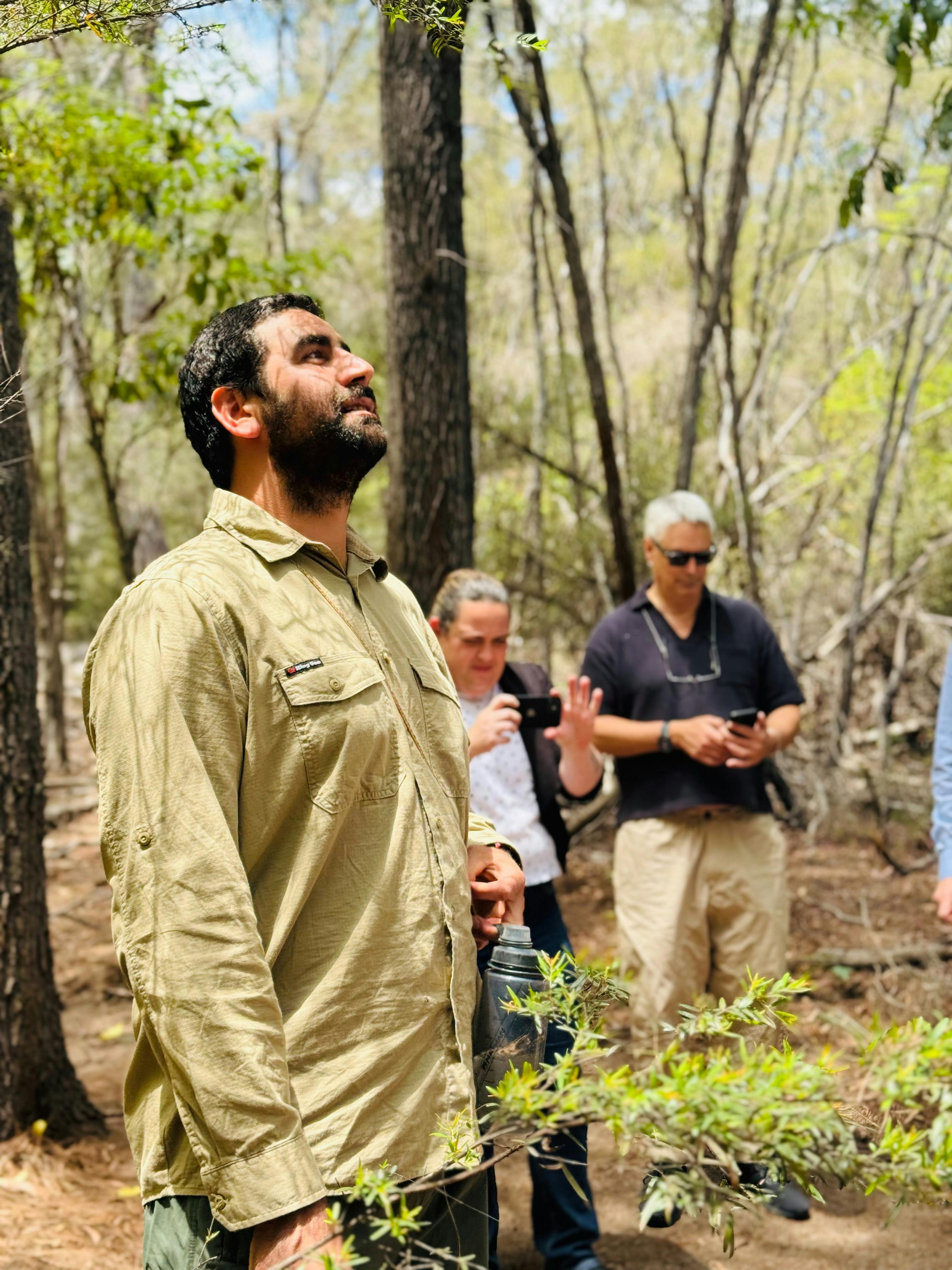 참가자들이 바라보는 가운데 나무를 올려다보는 Country Custodian