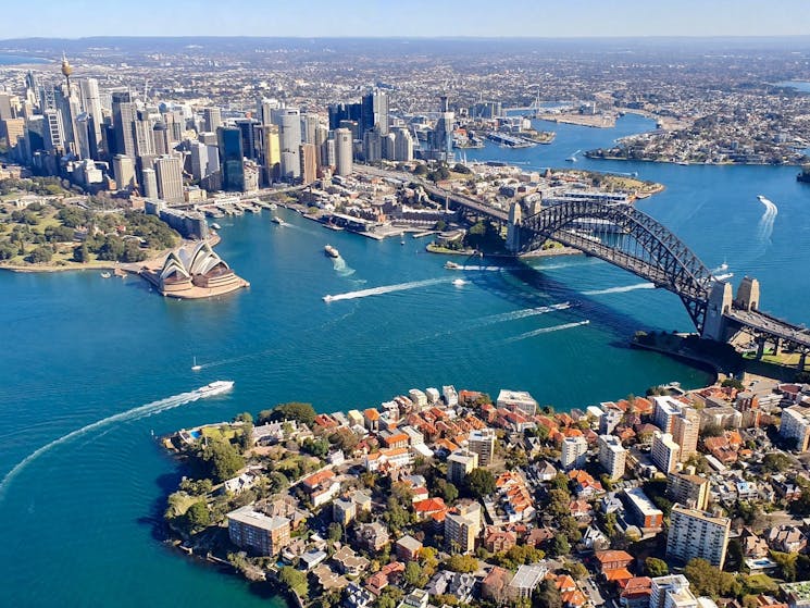 Aerial view of Sydney Harbour looking back towards Sydney Opera House, Sydney Harbour Bridge & city
