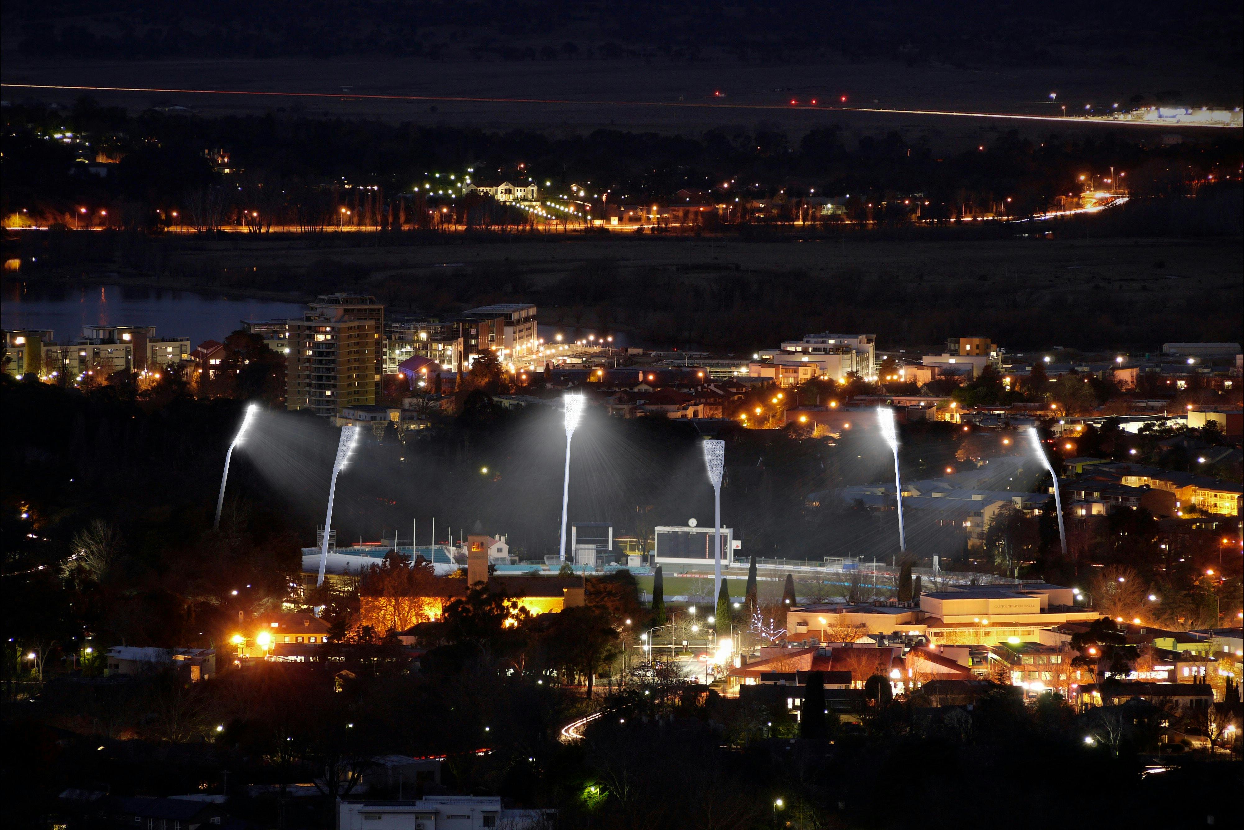 View of Manuka Oval at night from the air