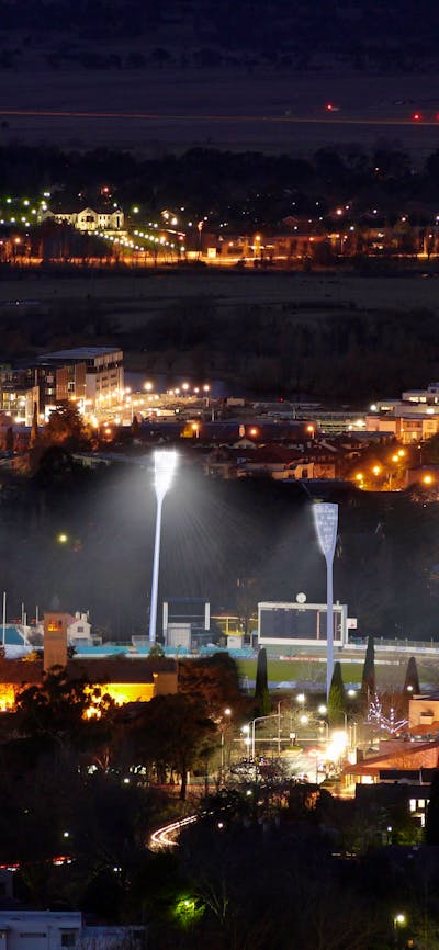 View of Manuka Oval at night from the air